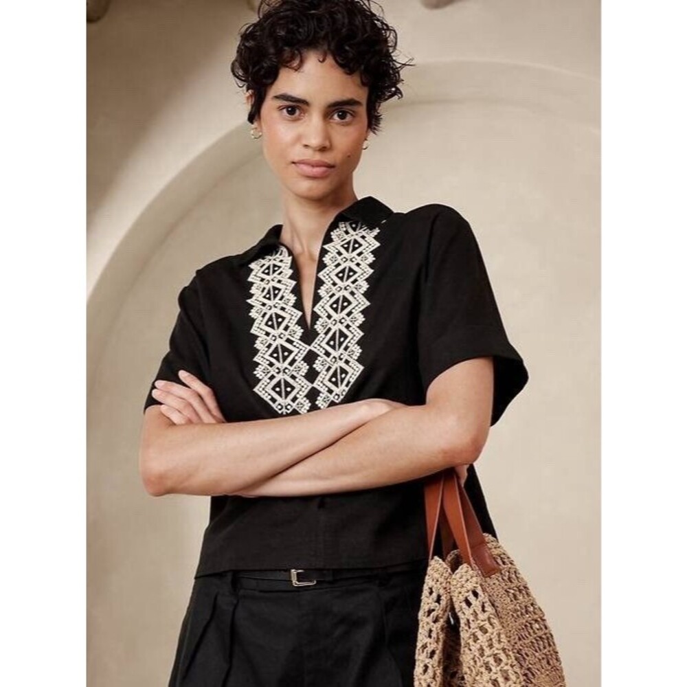 Banana Republic Linen Blend Embroidered Collared Short Sleeve Top Women's S
